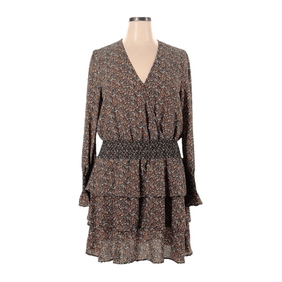 MICHAEL Kors Wrap Dress XL NWT Brown Boho Tiered Crepe Mini Floral Marigold - Picture 1 of 10